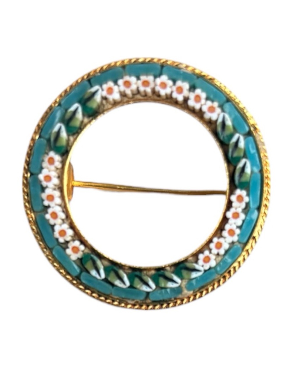 Vintage Italian Micro Mosaic Brooch Murrine Glass Floral Wreath Pin Antique Art